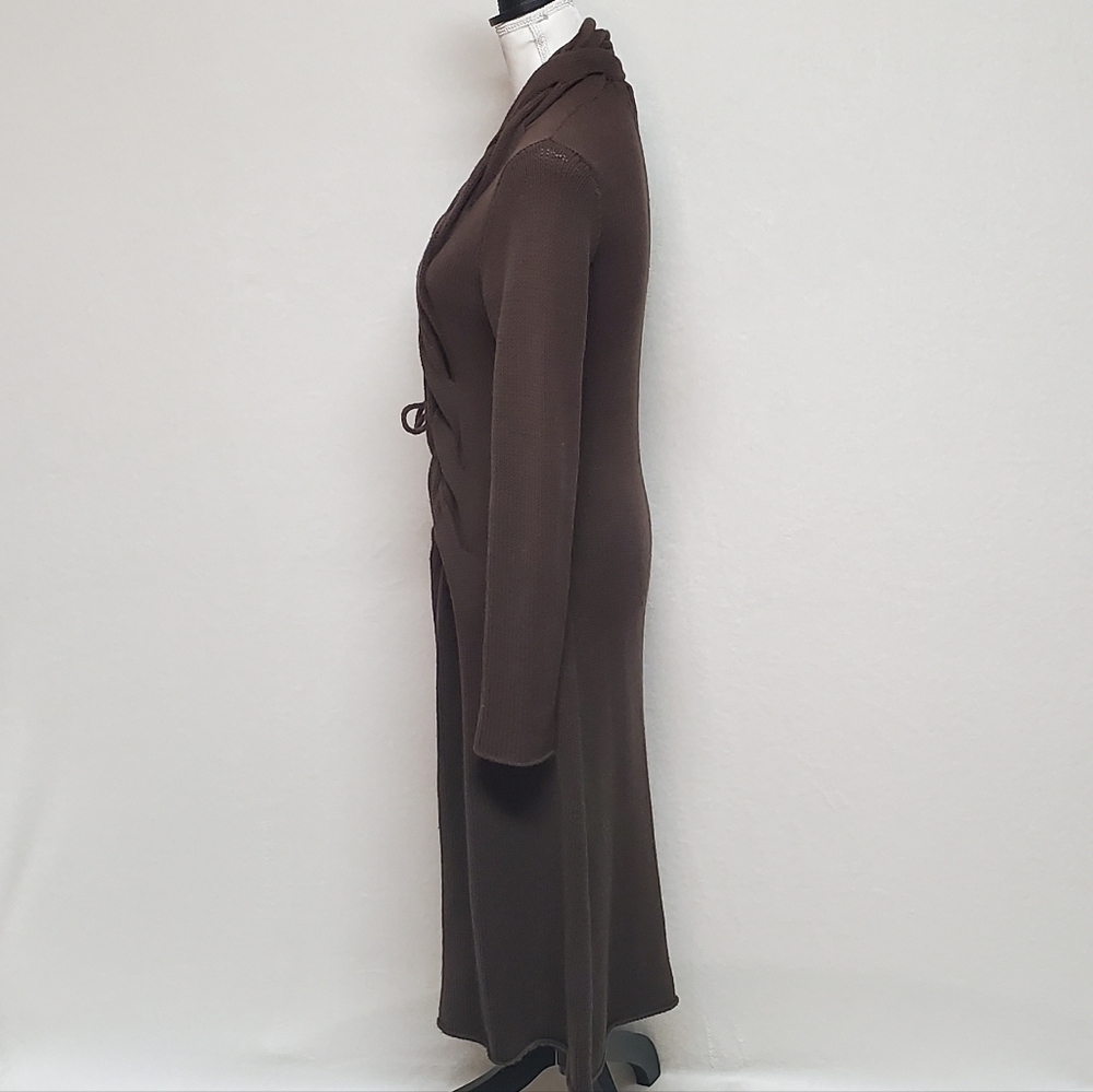 Rare Vintage 90s Max Studio Chocolate Brown Braided Detail Maxi Duster Cardigan - Picture 9 of 14